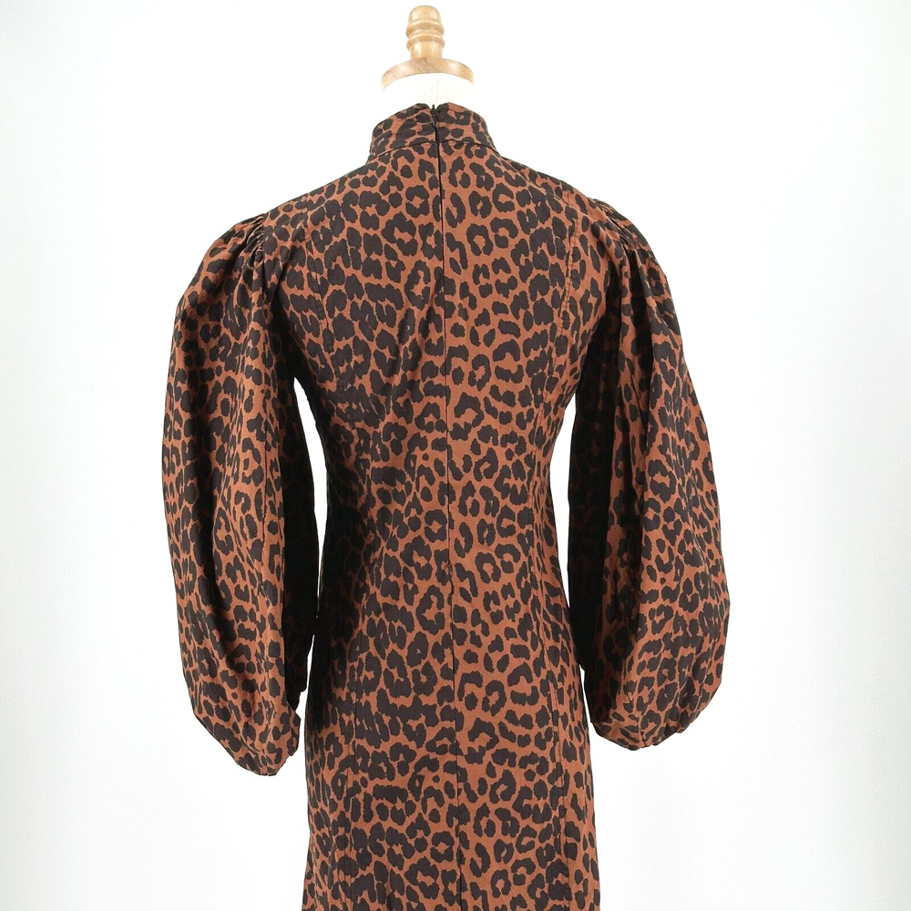 Ganni Women Midi Leopard Print Dress 34/XS Balloon Sleeve Poplin Party Event - Picture 5 of 11
